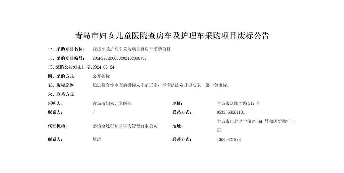 青島市婦女兒童醫(yī)院查房車及護理車采購項目第一包廢標公告_01.jpg